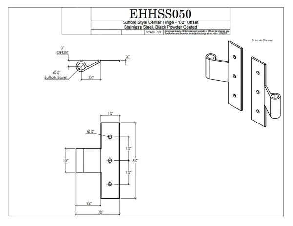 Stainless Steel Center Hinge, 1/2" Offset, (4/set)